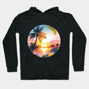 Serenity's Embrace: A Photorealistic Masterpiece of a Majestic Palm Tree and Flowers at Sunset Hoodie